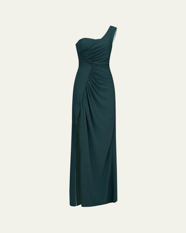 Verdianna Ruched One-Shoulder Crepe Gown